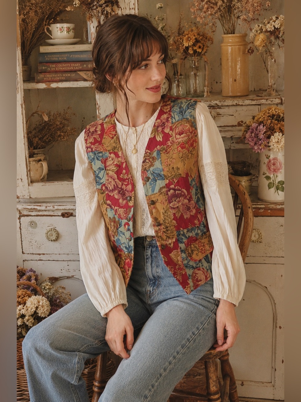 LIZ SPORT Vtg 90s Floral Patchwork Vest Sz S Petite Gramdmacore Boho Cottagecore